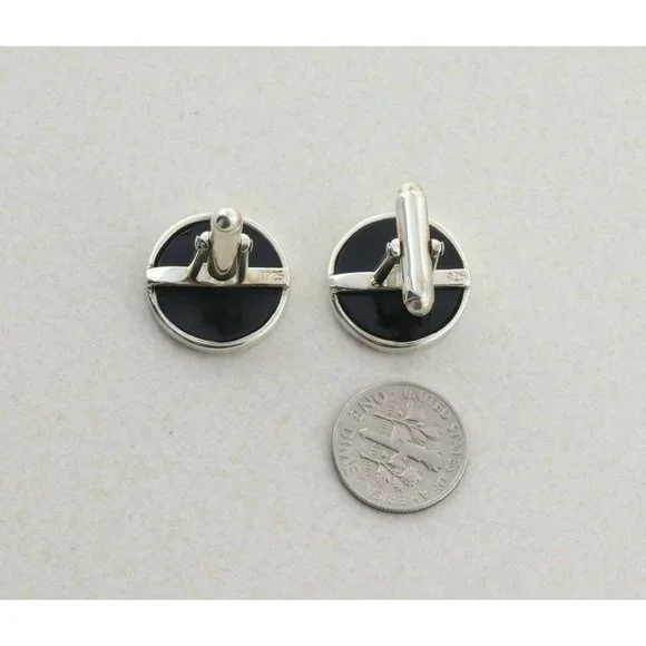 Men's Sterling Silver and Black Bullet Back Cufflinks - Picture 2 of 6